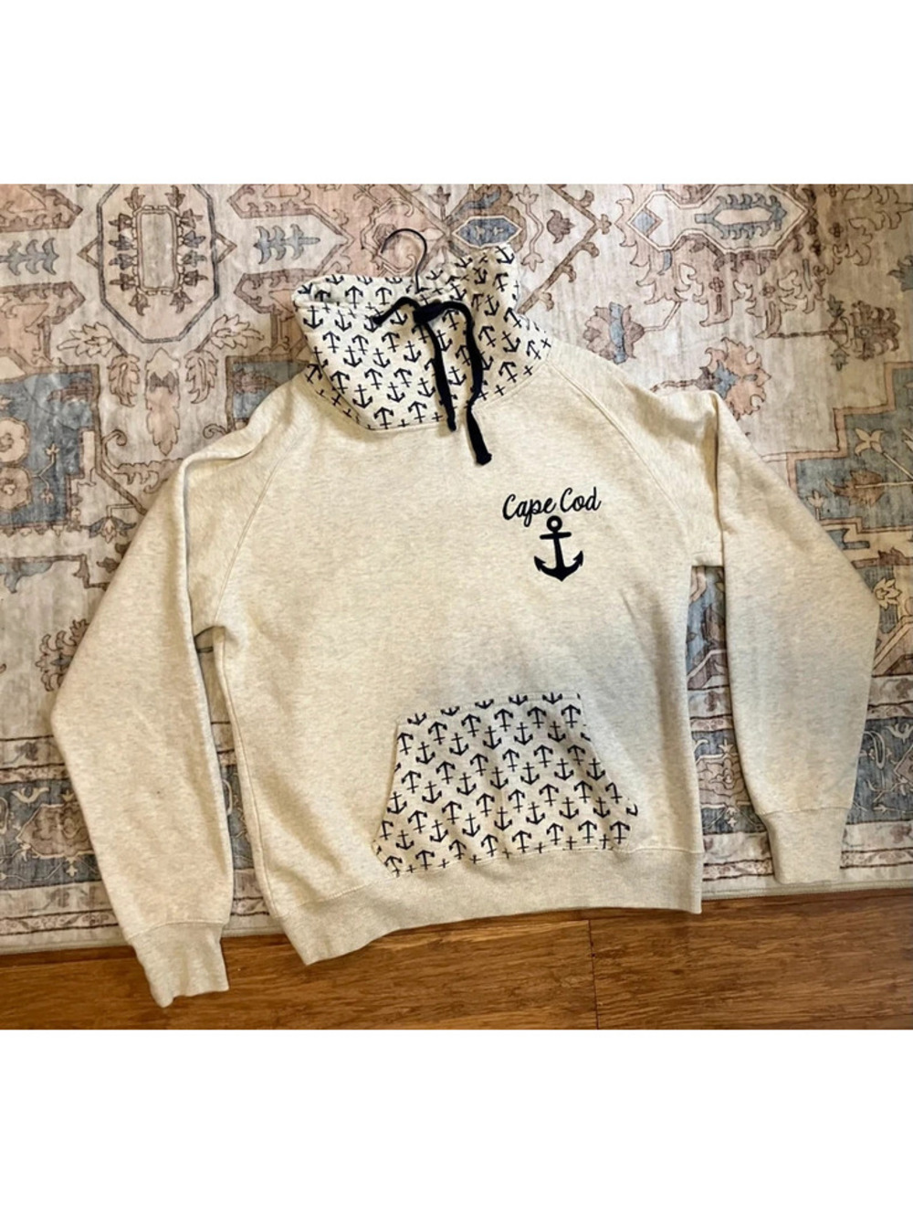 Soft As A Grape Cape Cod Anchor Cowl Neck Sweatshirt XL Oatmeal Navy Nautical